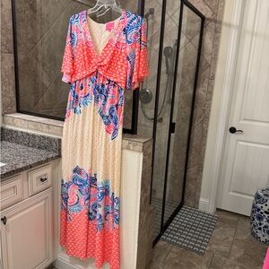 Lilly Pulitzer Coral and Blue Patterned Maxi Dress
